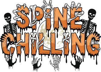 Spine chilling halloween design with skeletons and dripping letters on white background