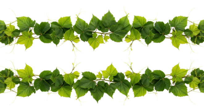 Two horizontal lines of lush green vine leaves, pristine emerald and jade hues, with tendrils, against a transparent background, concept of modern natural elegance