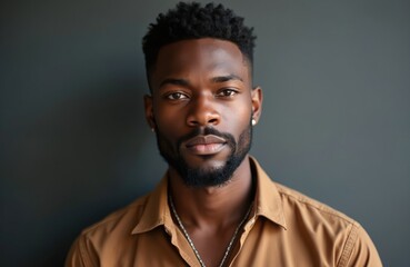 Fototapeta premium Young Black man with textured short hair and goatee wears brown shirt, gazes calmly at camera. Dark skin, confident expression, studio shot. His look conveys seriousness and style.