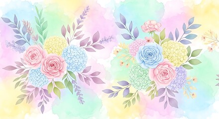 Soft pastel floral arrangement with watercolor background