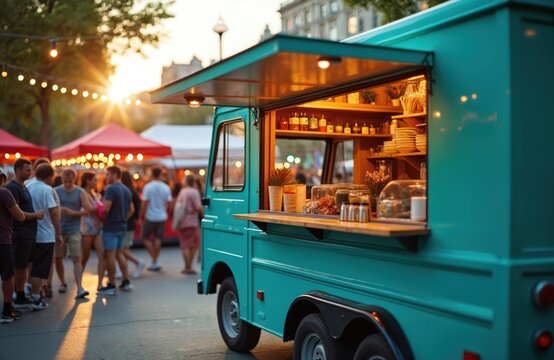 Teal food truck open for business at a city festival. Serving burgers and other fast food. Customers gather around, enjoying the urban street party with festive lights. - Powered by Adobe
