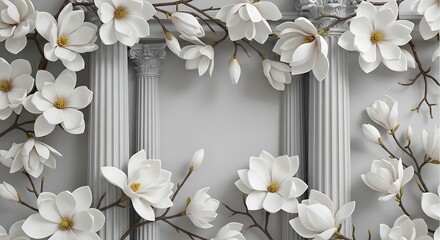 Elegant white magnolia flowers frame a subtle gray background