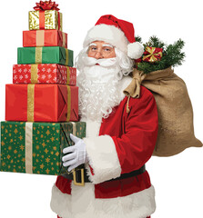 Santa claus carrying a stack of gifts and a sack isolated on white background