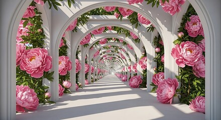 Enchanting floral arcade with cascading pink peonies and arched walkways