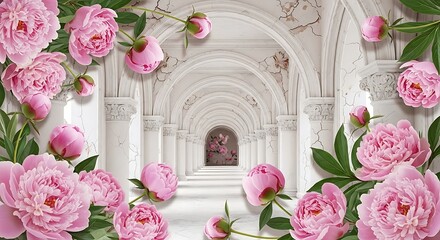 Romantic pink peony flowers archway corridor with classical architecture