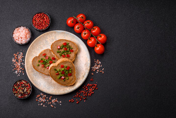Vegan sandwiches with bread, mushroom or bean pate and vegetables. Vegetarian pate sandwiches