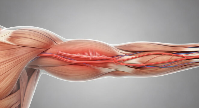 Detailed anatomical illustration of a human arm, showcasing the bicep muscle, arteries, and veins, with a highlighted area of inflammation or pain.