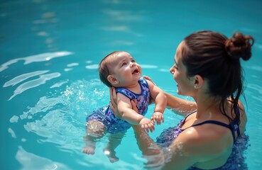 Mother holds baby in swimming pool, teaching infant to swim. Parent and child enjoy summer vacation, learning water safety and building bond. Parent supports child in cool water.