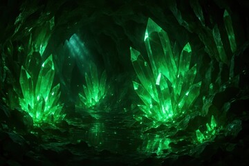 Luxurious emerald crystal background, rich green gemstones with radiant facets, glowing light refractions creating shimmering highlights