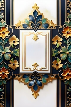 Beautiful invitation card template, blank copy space, golden design border, florwer motifs and swirls, illustration wallpaper, vintage frame with floral ornament