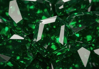 Luxurious emerald crystal background, rich green gemstones with radiant facets, glowing light refractions creating shimmering highlights