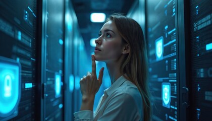Woman ponders cybersecurity in server room, surrounded by digital shields, locks. Data protection, network security, online privacy, system integrity. Tech professional contemplating information