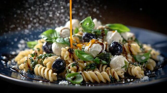 A dynamic culinary scene featuring vibrant fusilli tossed with fresh mozzarella, basil, olives, and balsamic glaze.