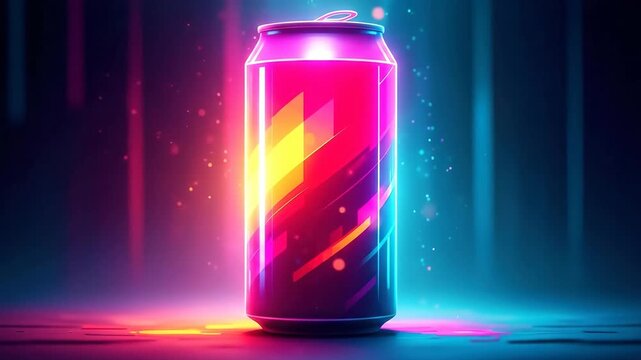 Beverage can with glowing neon lights and abstract patterns on dark background. Creative liquid packaging concept for commercial display footage.