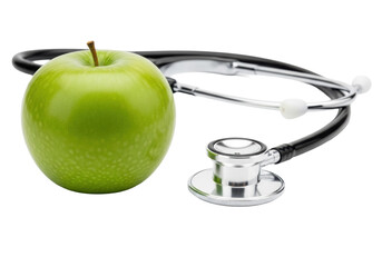 A vibrant green granny smith apple and a shiny medical stethoscope on a transparent reflective background with copy space, showcasing preventative health and wellness concept