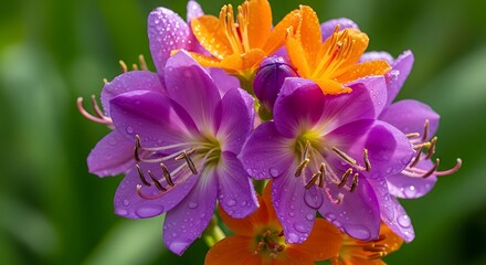 Vibrant Blossoms: A Captivating Close-Up of Purple and Orange Flowers Adorned with Sparkling Water Droplets in a Lush Green Setting