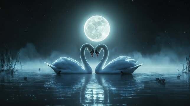 two elegant white swans floating on a still, dark lake at night, 