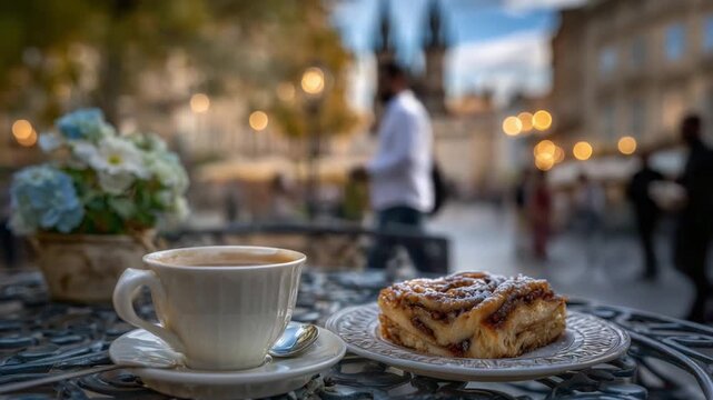 Charming Prague caf&eacute; with elegant wrought iron seating, featuring a white teacup and apple strudel against a backdrop of medieval architecture.