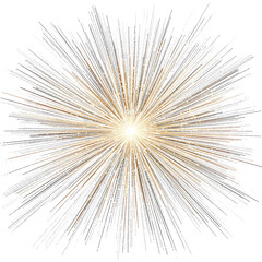 Energetic abstract starburst explosion featuring radiant golden and silver lines, a dynamic light burst symbolizing celebration, innovation, and powerful new beginnings