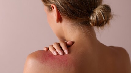 Obraz premium Woman's shoulder with red irritated skin from allergy or inflammation. Medical hospital pain treatment concept