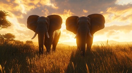 Two elephants walk side by side across the savannah, their huge ears flapping in the wind as they graze on grass under an epic sunset sky. in the style of Unreal Engine 