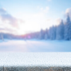 Obraz premium Snowy mountain landscape in the heart of winter, with tree-covered slopes and frosty pine forests under a bright winter sky. Empty wooden surface snow-covered space perfect for product placement.