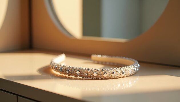 Elegant bridal headband with shimmering rhinestones on light wooden dresser with a blurred mirror in background. Bridal accessories. Spring Wedding Expo