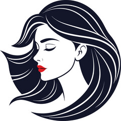 Vector art of stylized illustration of a womans profile with flowing dark hair and red lips