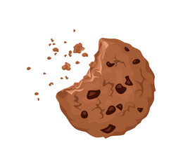 Bite chocolate biscuit and crumbs isolated on white background. Vector cartoon flat illustration of crunchy cookie. 