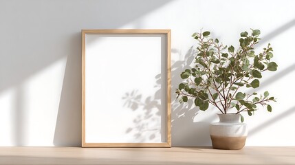 Wooden frame mockup with plant isolated on white background and sunlight