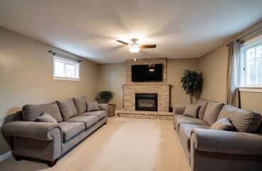 Fototapeta premium Cozy finished basement living room with couches, fireplace, and TV. Neutral walls, plush carpet, and warm lighting create a relaxing atmosphere perfect for family gatherings and entertainment.