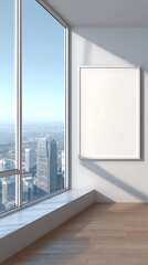 Fototapeta premium Blank frame on wall in modern office with city view and wooden floor