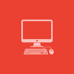 White computer monitor keyboard and mouse on red background.