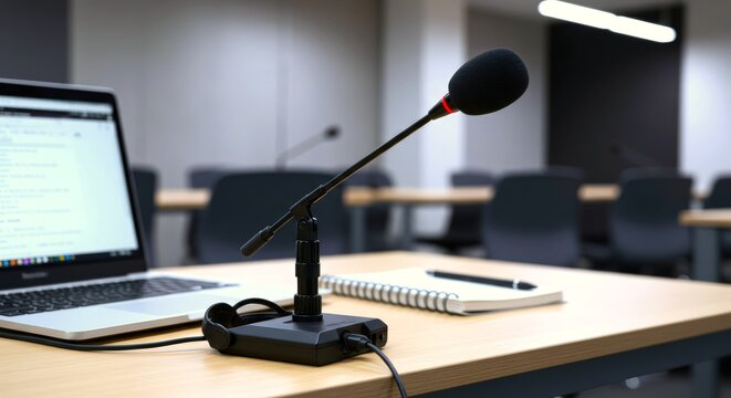 Microphone and laptop at desk for seminar, conference or presentation. Education in high school, college, university concept. Learning and sharing research - Powered by Adobe