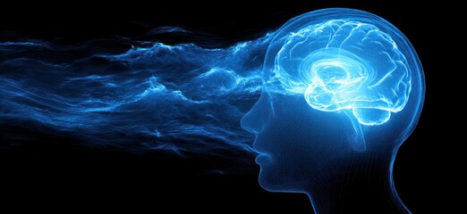 Obraz premium A profile view of a head with a glowing, detailed representation of the brain, surrounded by abstract, swirling blue energy.