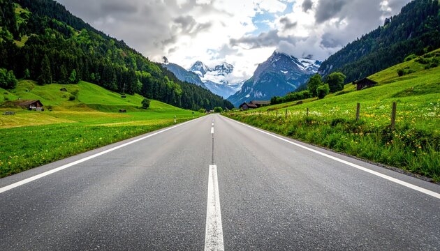 Open road cutting through mountains and valley with dramatic clouds and sunlight.