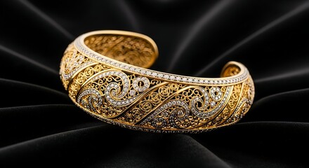Exquisite Golden Bracelet with Intricate Filigree Detailing Adorned with Sparkling Gems on Smooth Fabric Background for Elegant Jewelry Designs.