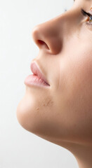 Obraz premium Close-up profile view of a young woman's face, highlighting her delicate lips, chin, and cheek with subtle skin texture, against a clean white background.