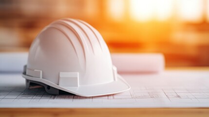 Construction safety training, A white hard hat resting on architectural plans, illuminated by warm sunlight, symbolizing construction and safety in the building industry.