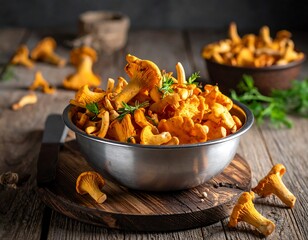 Bowl of sauteed orange-yellow mushrooms on a rustic wooden surface