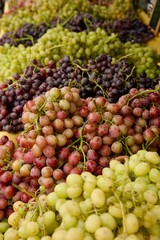 assorted grapes on display at the market