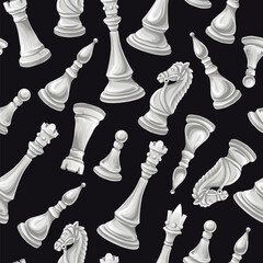 Seamless Chess Pieces Vector Pattern Featuring Classic Black and White King Queen Rook Knights
