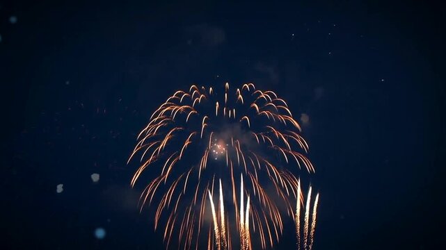 Vibrant fireworks exploding in the night sky, illuminating the darkness with bursts of red and gold light, symbolizing celebration and festivity 4k video