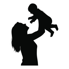 Silhouette of a mother joyfully lifting her baby high into the air silhouette