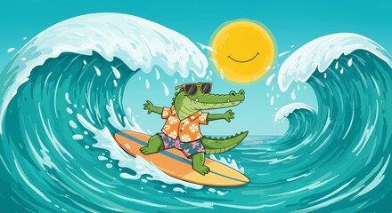 Crocodile surfing on waves