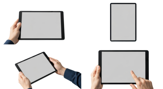 Multiple photorealistic views of a sleek black tablet with a blank grey screen, held by clean hands on a transparent studio background, concept for digital mockups