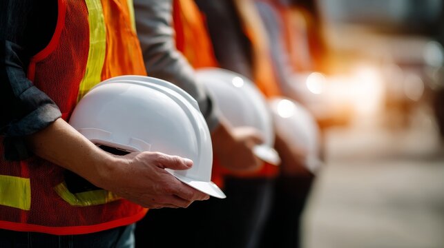 Construction workers holding white hard hats in respectful remembrance - Powered by Adobe