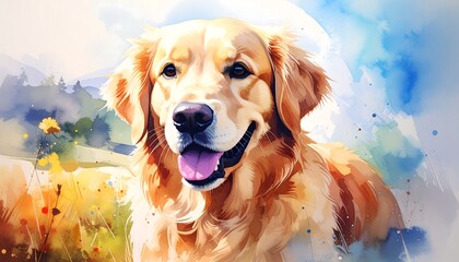 Golden Retriever portrait, watercolor style,  smiling