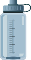 Transparent water bottle front view, dark blue cap, measurement scale, hydration container, sport fitness gear, reusable drinkware, outdoor accessory illustration
