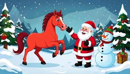 There is a red horse next to Santa Claus and the snowman. 
